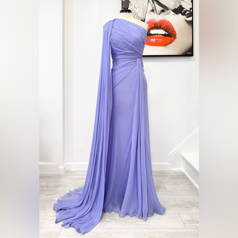 Zuhair Murad Draped One Shoulder Silk Chiffon Maxi Dress in Purple - Picture 3 of 15